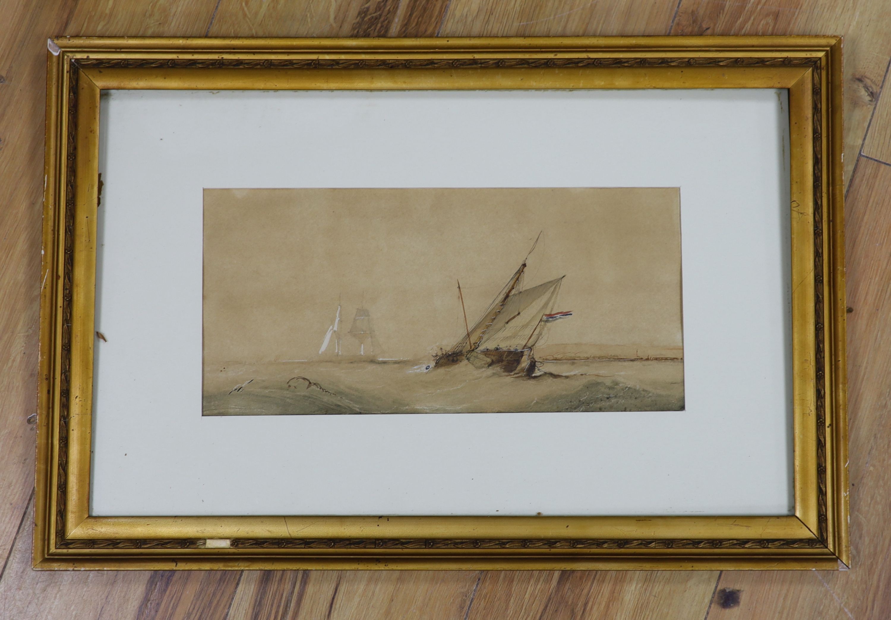 19th century English School, watercolour, Dutch sail barge off the coast, 16 x 34cm